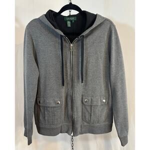 Lauren Ralph Lauren XL Gray Zip Up Hoodie Jacket Pockets Stretch Cotton Blend
